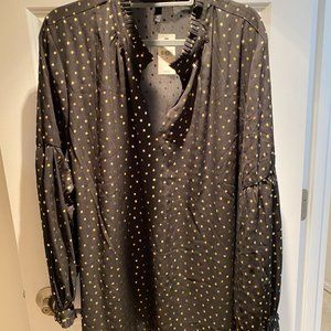 Lane Bryant Black with gold polka dots, vneck with collar, long sleeve. Size 26